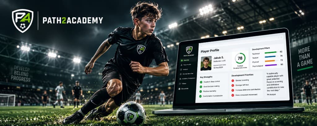 Young Path2Academy footballer running with the ball beside a laptop showing their Player Profile report