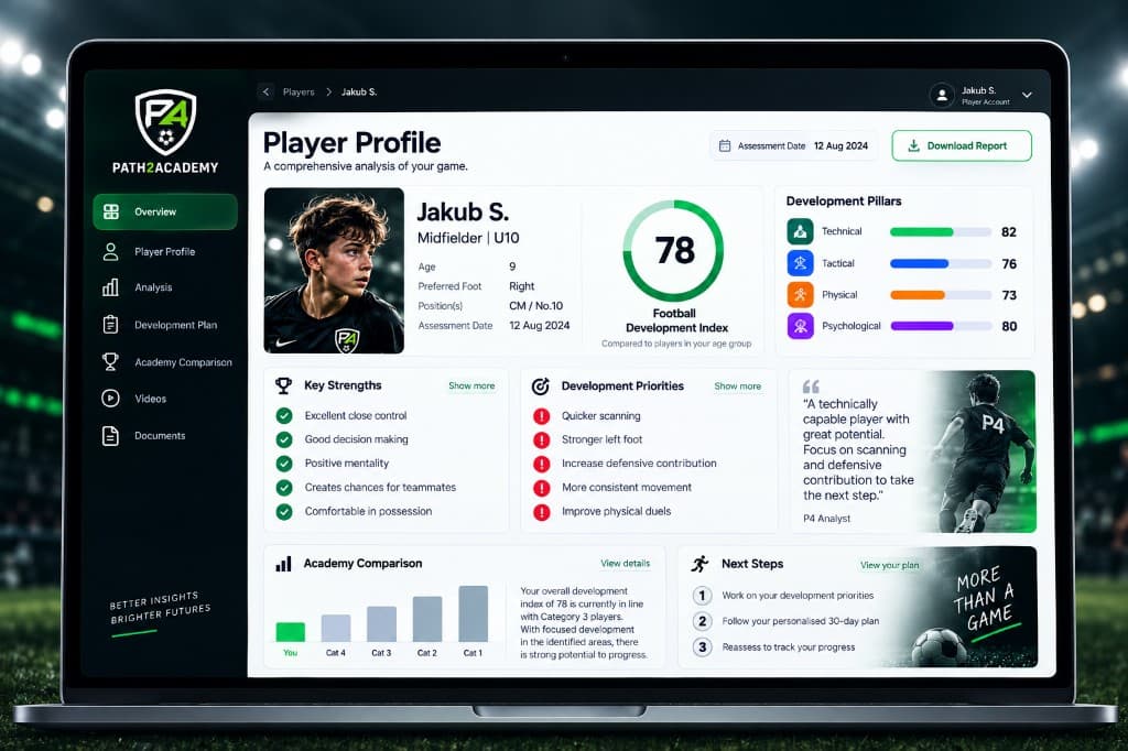 Sample Path2Academy player development report showing the Football Development Index, four-pillar profile and development priorities